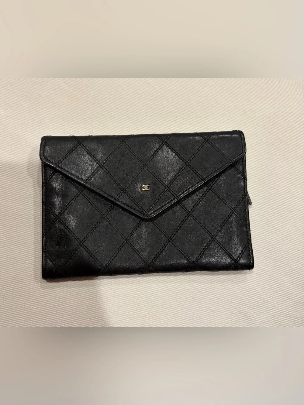 Chanel CC Black Leather Quilted Flap Envelope Wallet Clutch